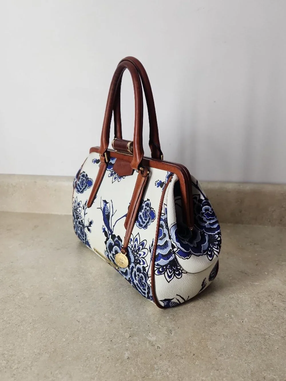 Brahmin Frame Satchel Blue Delft floral birds print hand bag classic rare - Picture 4 of 16